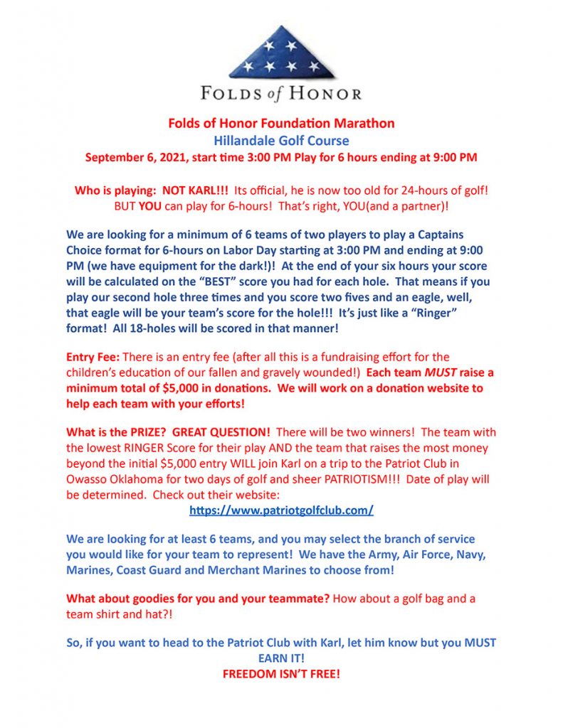 Patriot Golf Marathon information sheet